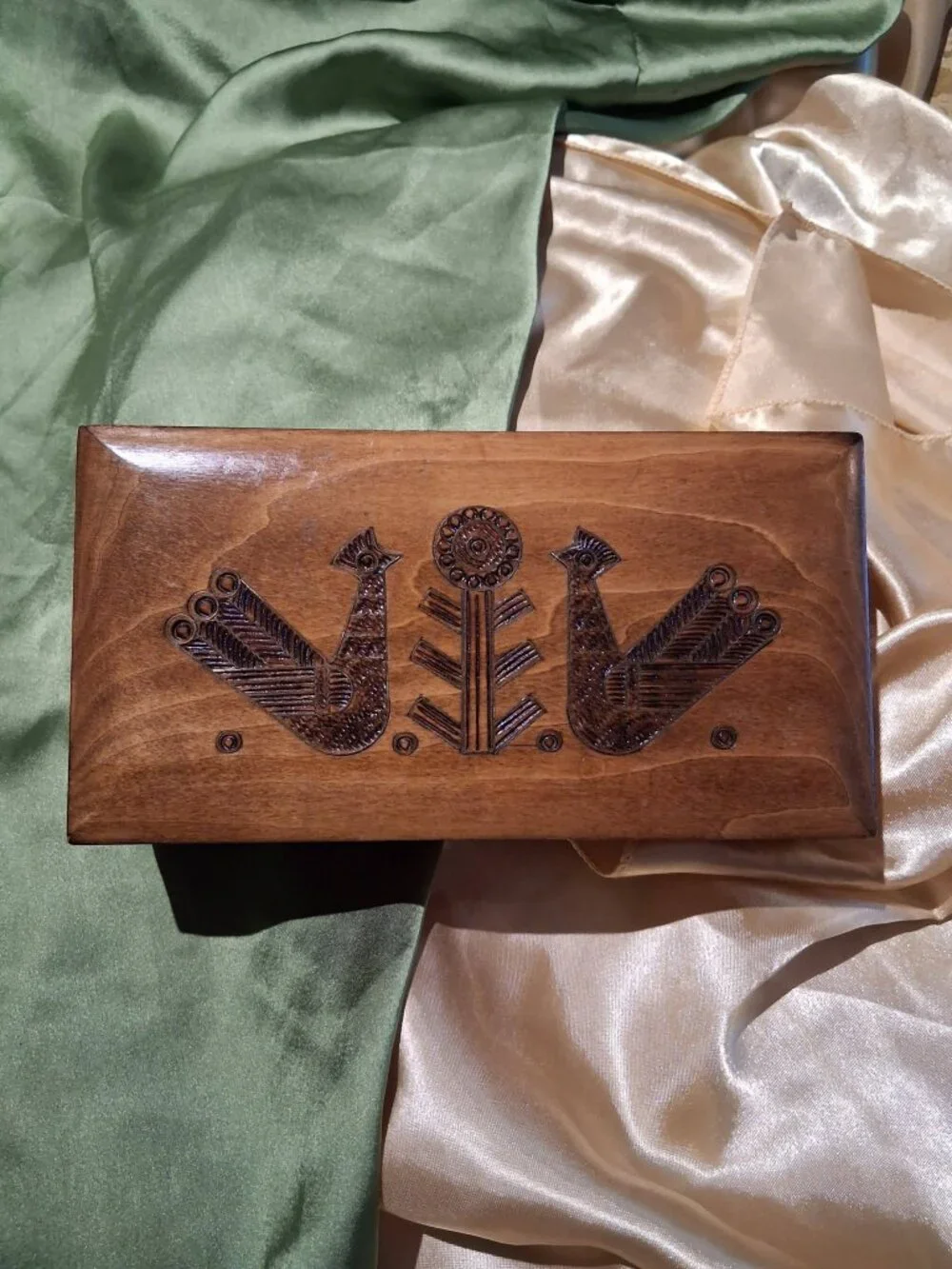 Vintage Scandinavian Folk Art Wooden Music Box Pyrography Birds Tree Design
